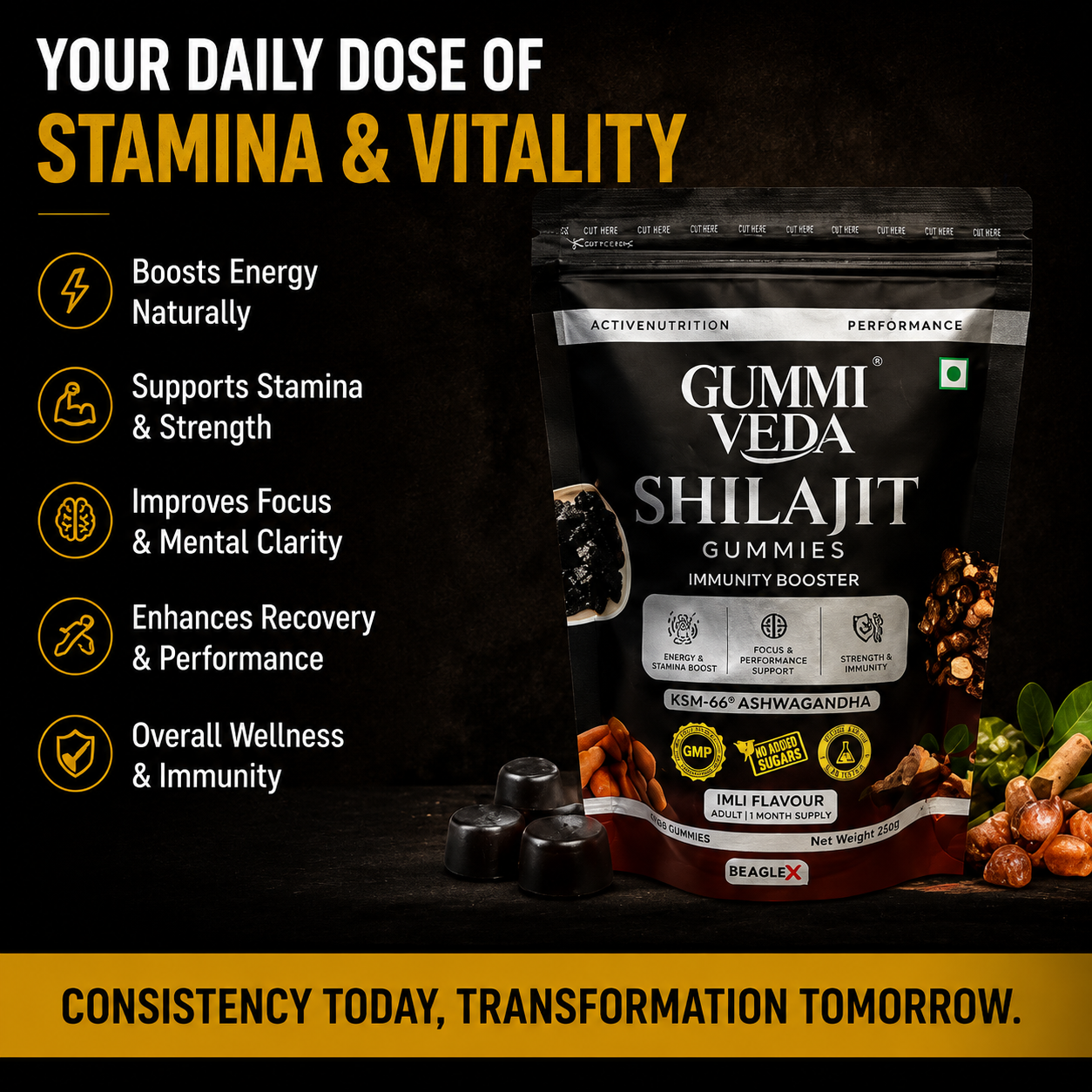 Gummyveda™ All Day Energy Gummies – Natural Orange Flavor | Sustained Focus & Vitality | 60 Vegan Gummies
