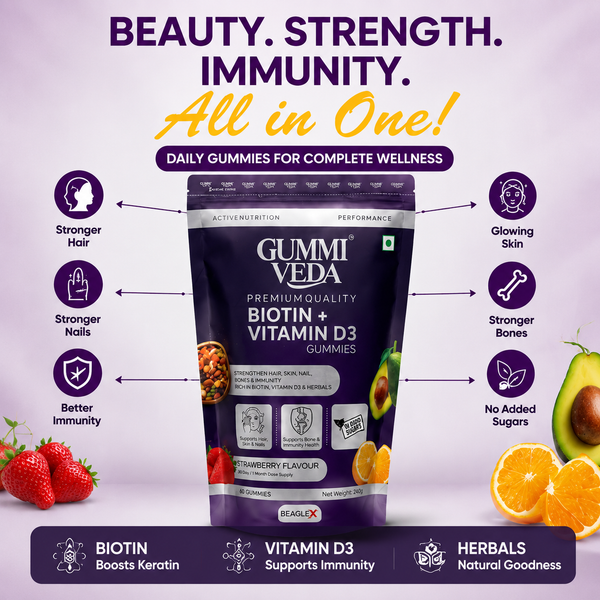GummiVeda Biotin + Vitamin D3 Gummies – Strawberry | For Hair, Skin & Bones | 60 Gummies