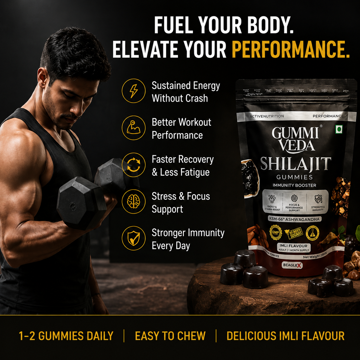 Gummyveda™ All Day Energy Gummies – Natural Orange Flavor | Sustained Focus & Vitality | 60 Vegan Gummies