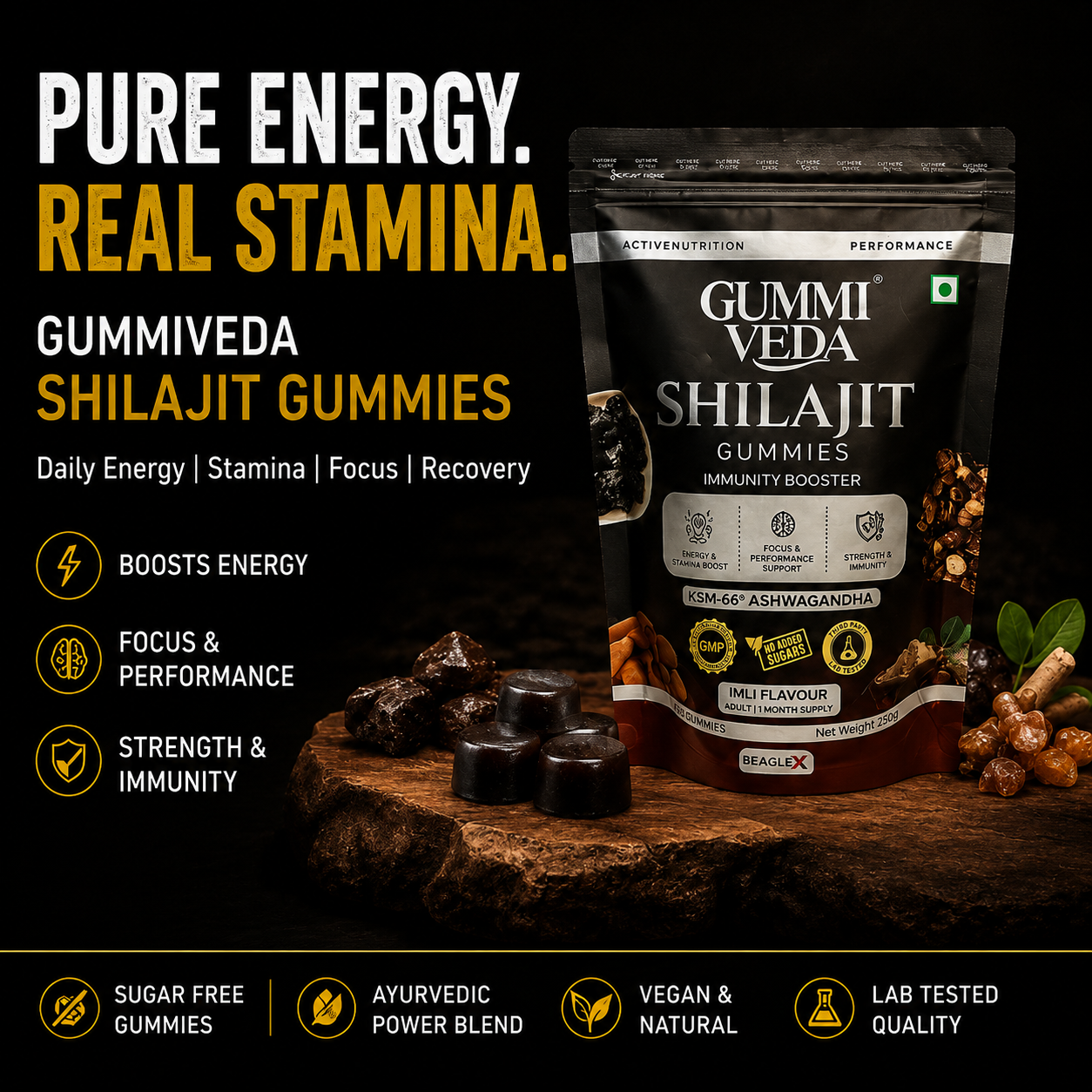 Gummyveda™ All Day Energy Gummies – Natural Orange Flavor | Sustained Focus & Vitality | 60 Vegan Gummies