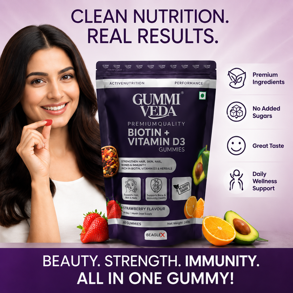 GummyVeda™ Biotin + Vitamin D3 Gummies – Strawberry Flavor | Supports Hair, Skin, Bones & Immunity | 60 Gummies