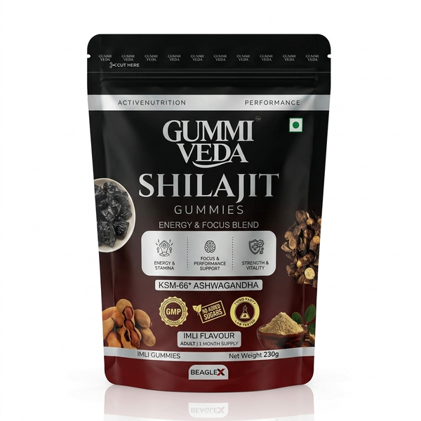 GummiVeda All Day Energy Gummies – Imli Flavour | Shilajit + KSM-66 Ashwagandha | 60 Vegan Gummies